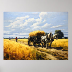 Poster Récolte de céréales avec un chariot tiré par des c