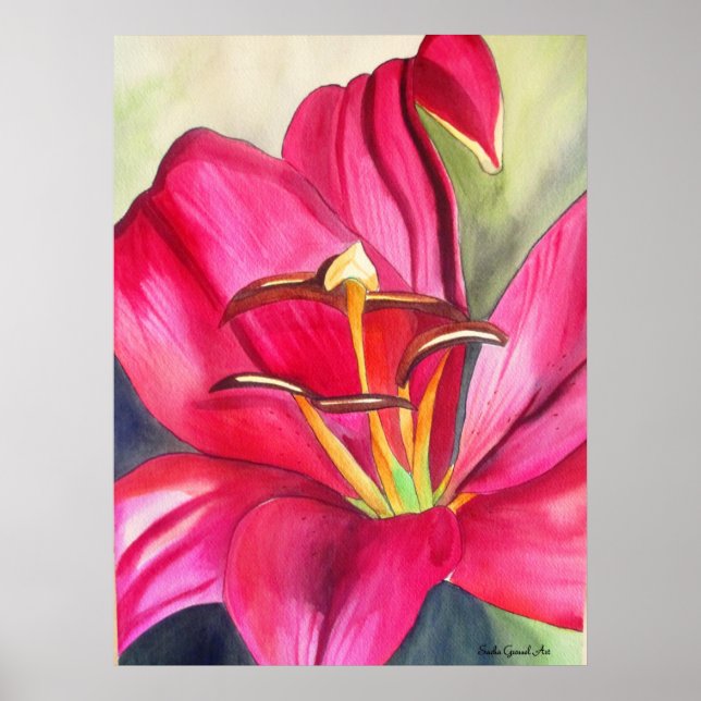 Poster Red Alert Lily aquarelle peinture de fleur (Devant)