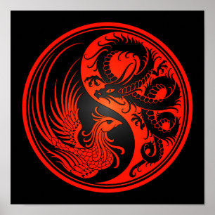 Poster Red and Black Dragon Phoenix Yin Yang