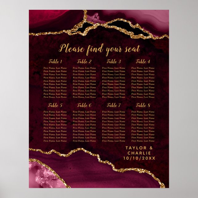 Poster Red and Gold Agate Wedding Seating Chart (Devant)
