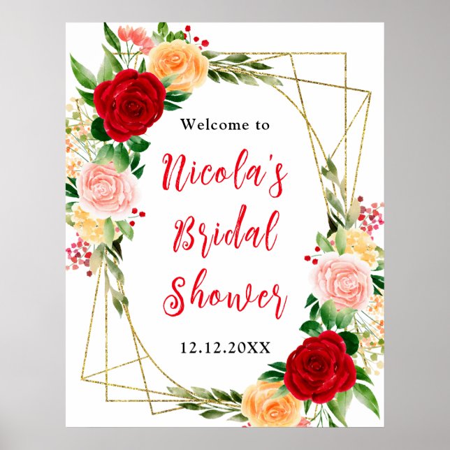 Poster Red and Orange Roses Bridal Shower Welcome (Devant)