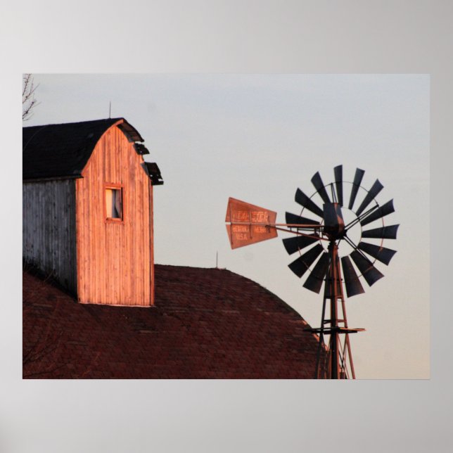 Poster Red Barn & Windmill photo de ferme rustique (Devant)