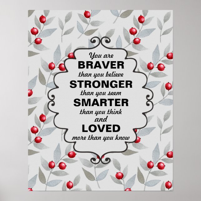 Poster Red Berries Grey Feuilles Mots d'encouragement (Devant)