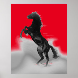 Poster Red Black Grey Rearing Cheval Pop Art
