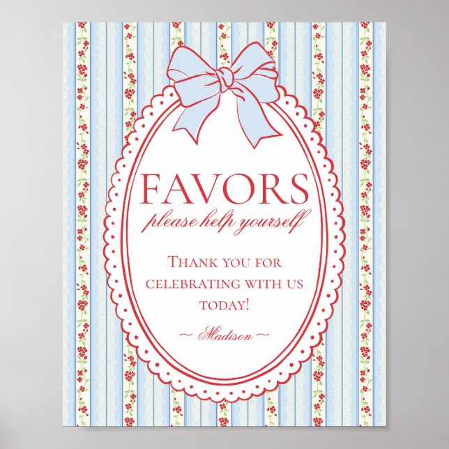 Poster Red & Blue Vintage Fancy Floral Favors Sign (Devant)