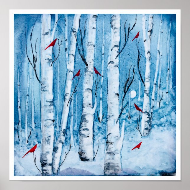Poster Red Cardinal Birch Tree Rustic (Devant)