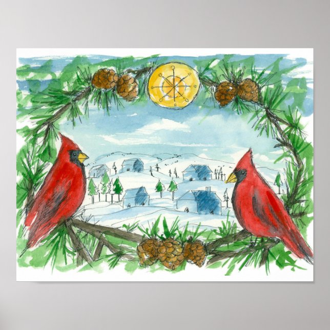 Poster Red Cardinal Birds Winter Snow Village Peinture (Devant)