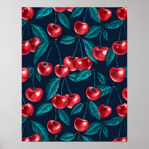 Poster Red cherries on dark blue