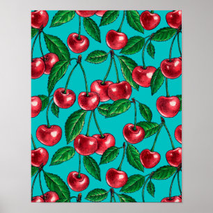Poster Red cherries on turquoise