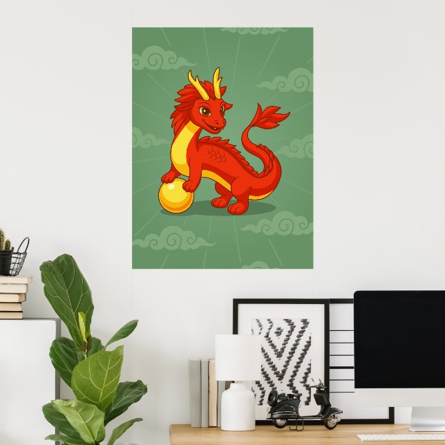 Poster Red Chinese Dragon on Green (Bureau à domicile)