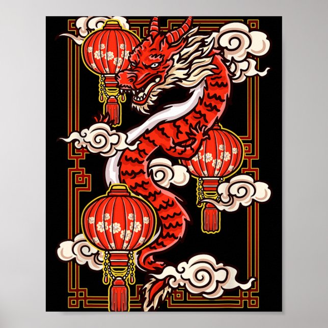 Poster Red Chinese New Year Of The Dragon 2024 Lanterns C (Devant)
