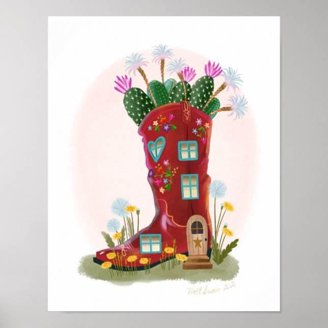Poster Red Cowboy Boot and Cactus House Art Print (Devant)