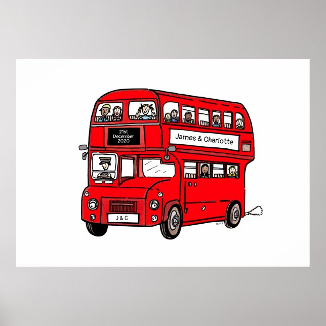 Poster Red Double Decker London Bus Mariage Imprimer l'af (Devant)
