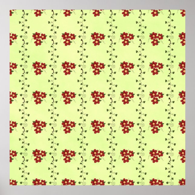 Poster Red Floral Vine Pattern on Light Green (Devant)