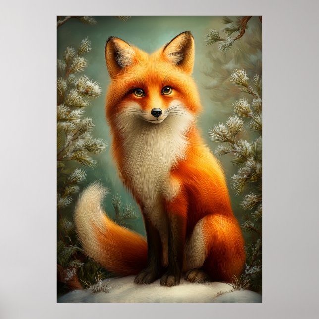 Poster Red fox in winter forest (Devant)