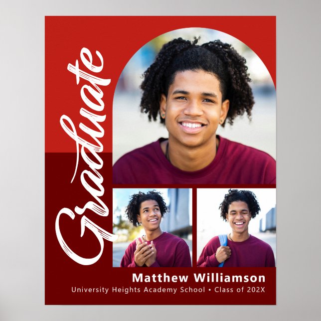 Poster Red Graduation 3 Photo Bold Arch Script Minimalist (Devant)