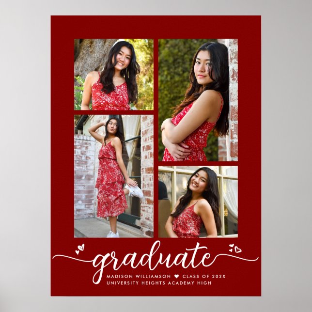 Poster Red Graduation 4 Photo Script Coeurs Modern Girly (Devant)