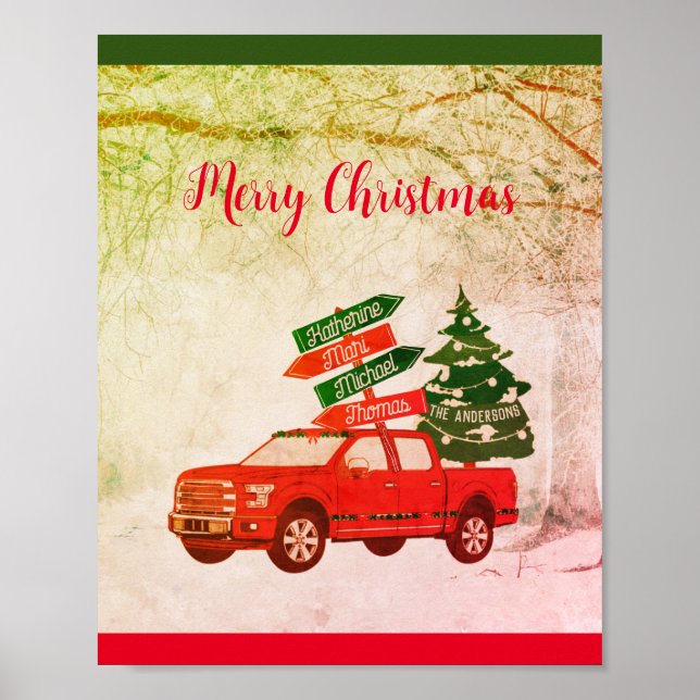 Poster Red Green Truck Nom de famille Noël classique 2022 (Devant)