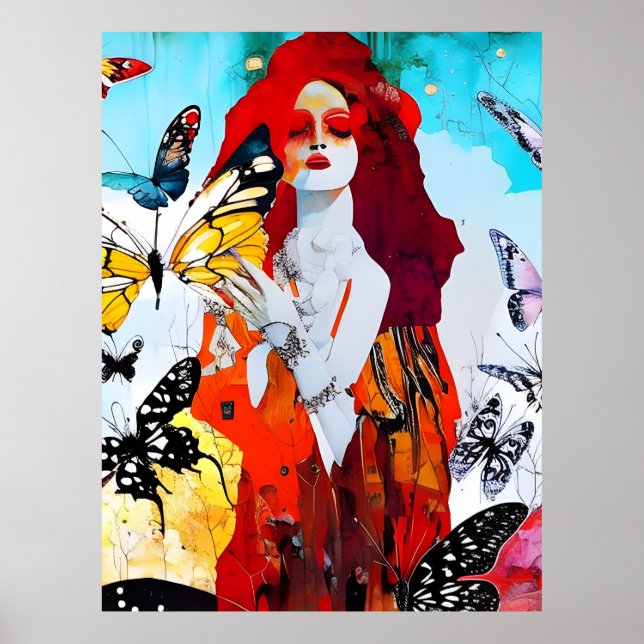 Poster Red Haired Woman et Papillons Médias mixtes (Devant)