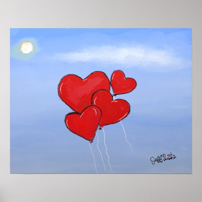 Poster Red Heart Balloons Love est dans l'air art origina (Devant)