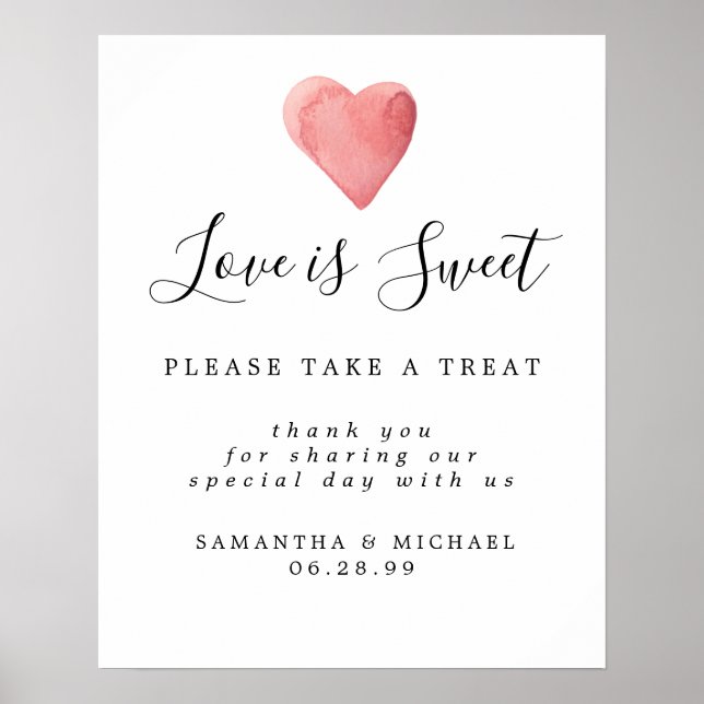Poster Red Heart Love is Sweet Mariage Dessert Bar Sign (Devant)