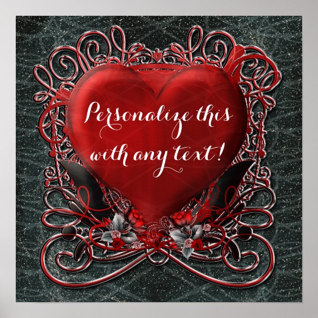 Poster Red Heart & Rose Gothic Valentine Wedding Party (Devant)