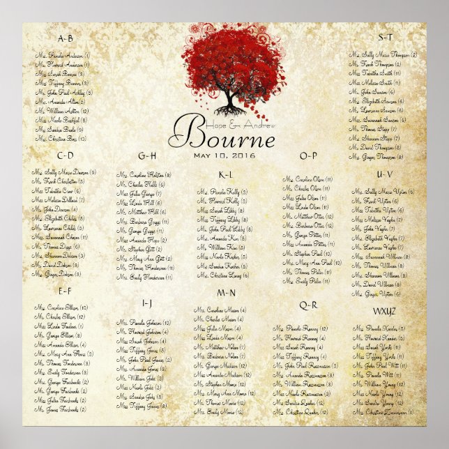 Poster Red Heart Tree - 100 à 150 invités - alphabétique (Devant)