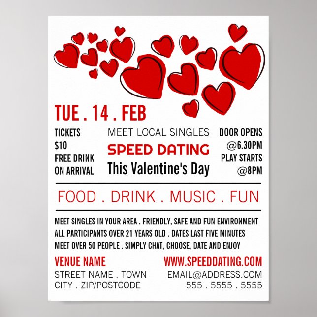 Poster Red Hearts, Speed Dating Evénement Publicité (Devant)