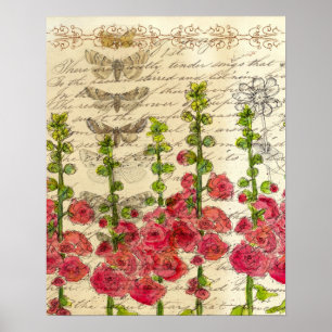 Poster Red Hollyhocks Apple Blossom Butterfly Collage