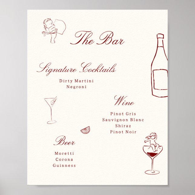 Poster Red Illustrated Whimsical Wedding Bar Menu (Devant)