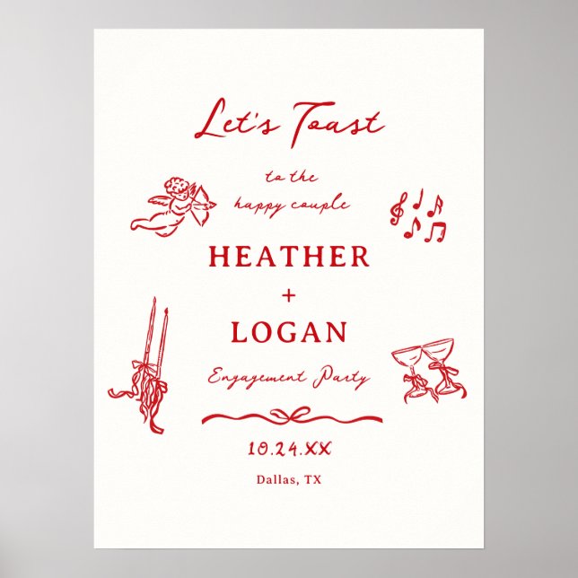 Poster Red Let's Toast Engagement Party Welcome (Devant)