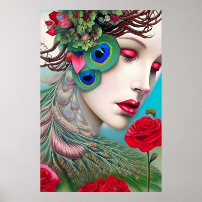 Poster Red Lips et Rose Peacock Abstrait (Devant)