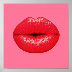 Poster Red Lipstick pop art lips on girly pink