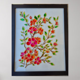 Poster Red Orange Floral Glass Painting Wall Art