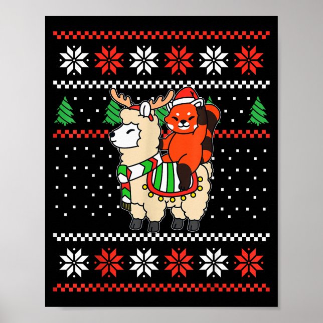 Poster Red Panda Ugly Christmas Sweater Reindeer Llama Ri (Devant)