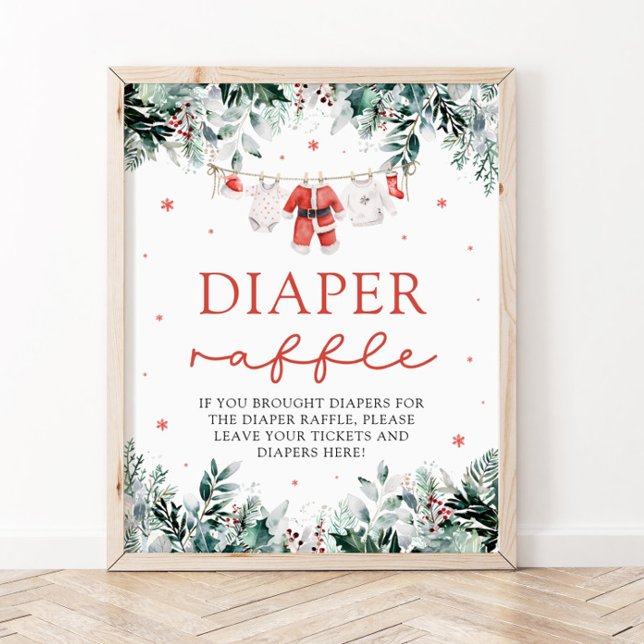 Poster Red Père Noël Baby Baby shower de Noël Déchets Raf (Watercolor Red Santa Baby Christmas Baby Shower Diaper Raffle Sign)