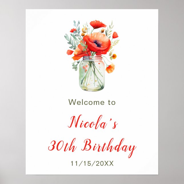 Poster Red Poppies Mason Jar Bienvenue à l'anniversaire (Devant)