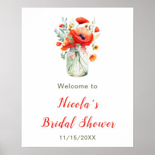 Poster Red Poppies Mason Jar Fête des mariées Bienvenue