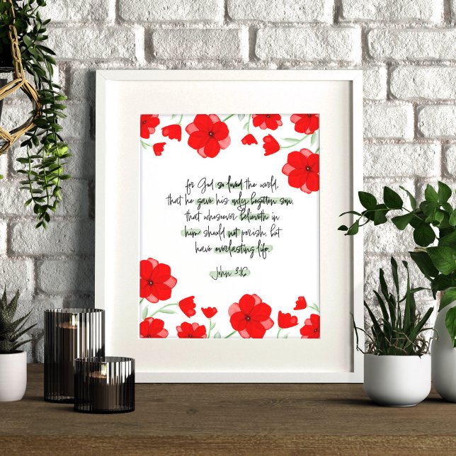Poster Red Poppy Floral Bible chrétienne Verse Jean 3:16 (Créateur téléchargé)