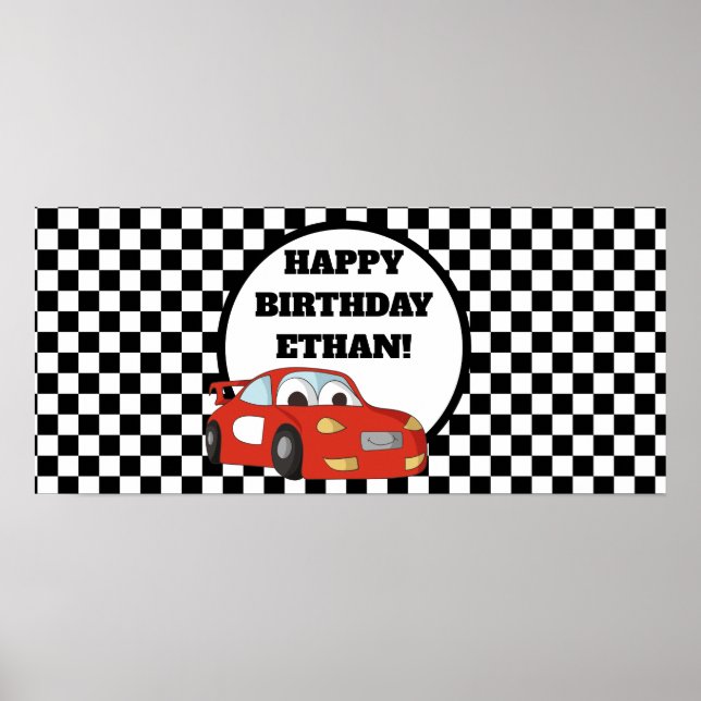 Poster Red Race Car Black White Anniversaire Bannière (Devant)