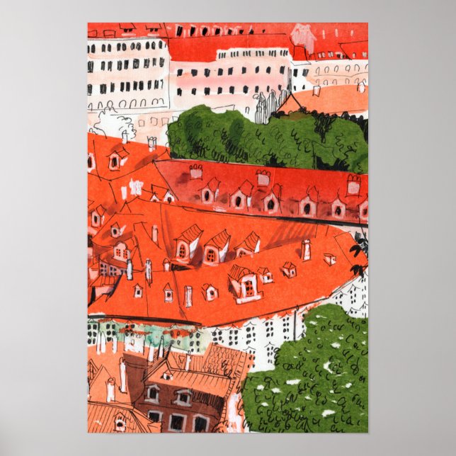 Poster Red Roofs Prague Tchèque Cityscape Papier Collage  (Devant)