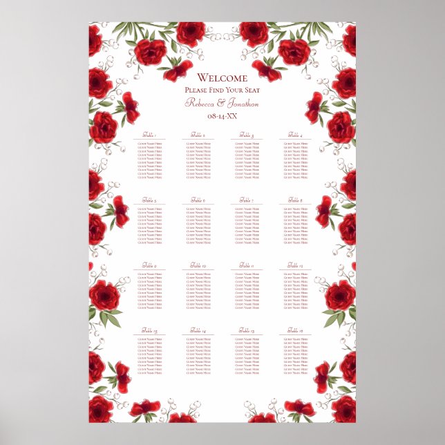 Poster Red Rose Romantic Wedding Seating Chart (Devant)