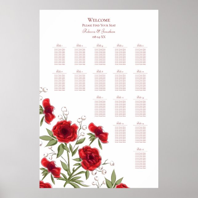 Poster Red Rose Romantic Wedding Seating Chart (Devant)