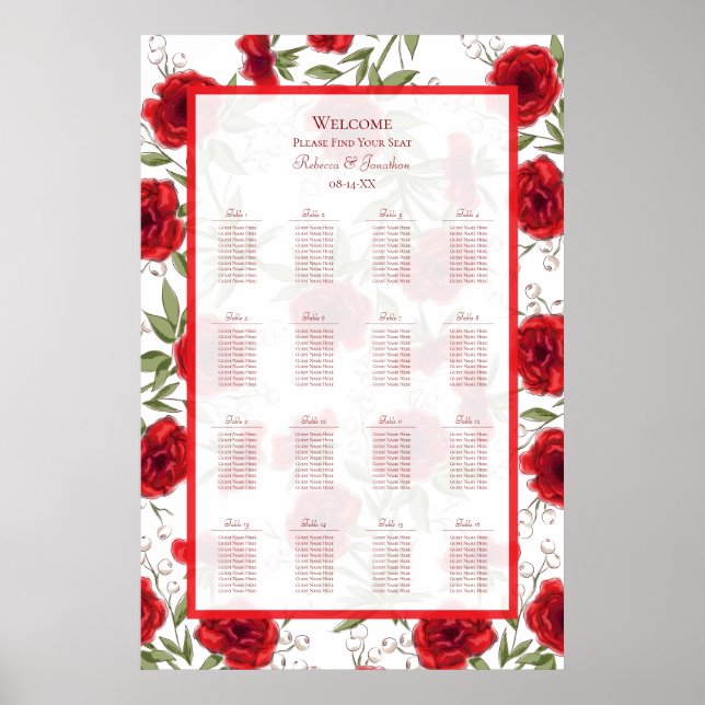 Poster Red Rose Romantic Wedding Seating Chart (Devant)