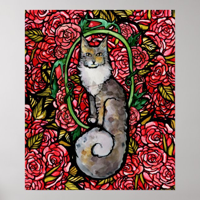 Poster Red Roses Maine Coon Kitty Chat Art Rose Jardin Ch (Devant)