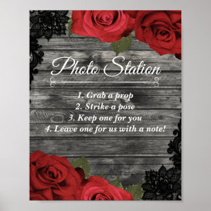 Poster Red Roses Rustic Black Lace Mariage Photo Station