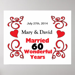 Poster Red Scroll & Hearts Names & Date 60 Yr Anniversary