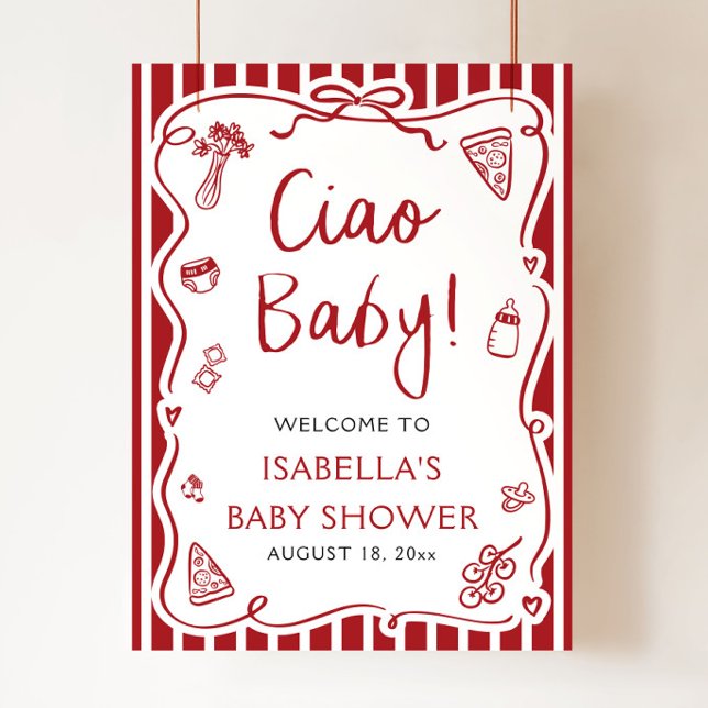 Poster Red Stripes Italien Ciao Baby Baby shower Bienvenu (Red Stripes Hand Drawn Italian Ciao Baby Baby Shower Welcome Sign )