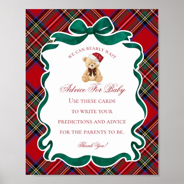 Poster Red Tartan Plaid Christmas Bear Advice for Baby (Devant)