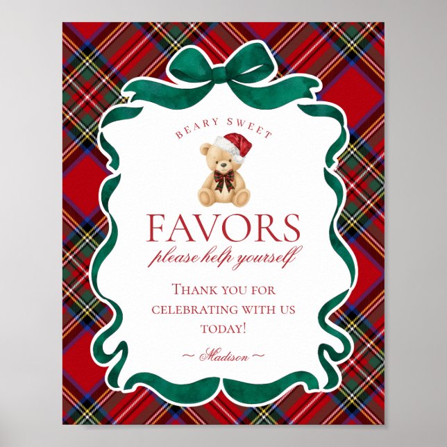 Poster Red Tartan Plaid Christmas Bear Party Favor Sign (Devant)